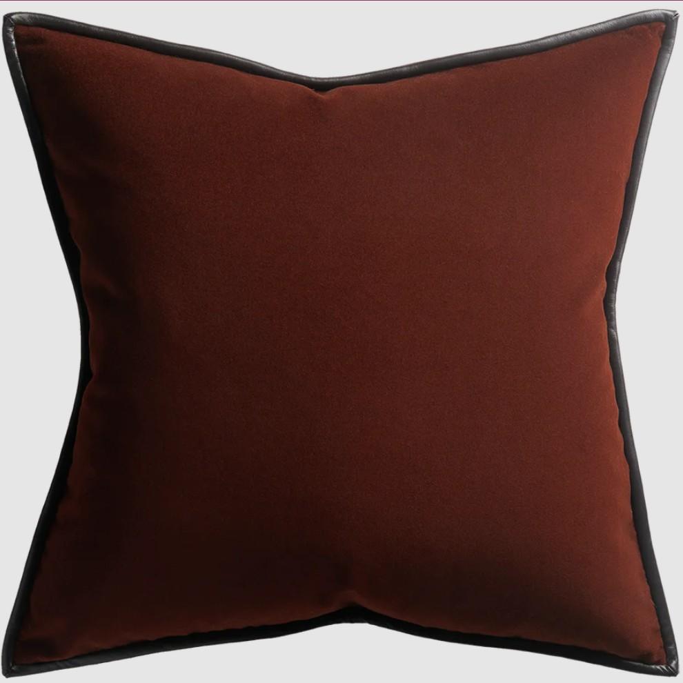    MERINO VELVET CUSHION WITH LEATHER TRIM - CURRANT 