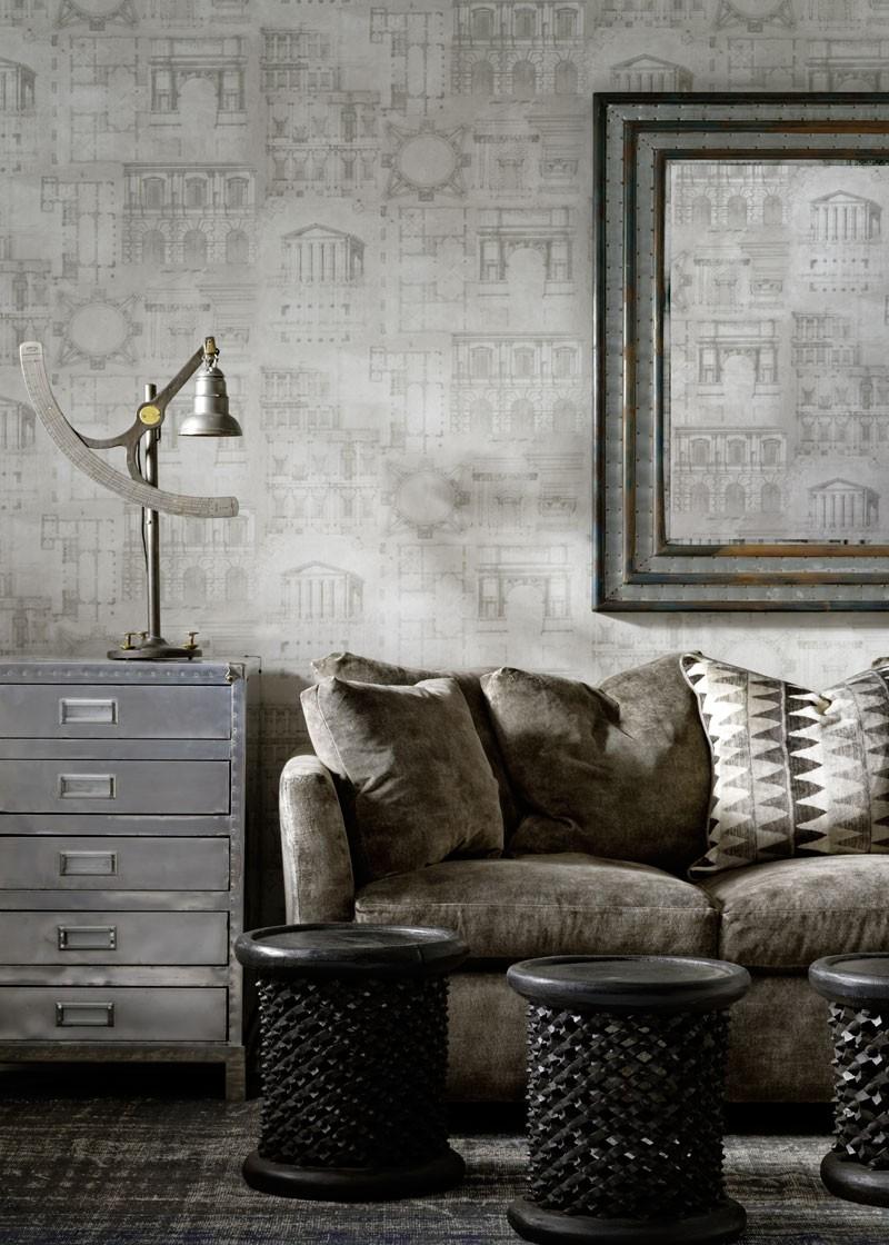 Ткань Andrew Martin Lost & Found augustus_wallpaper_and_ladder_charcoal_fabric 