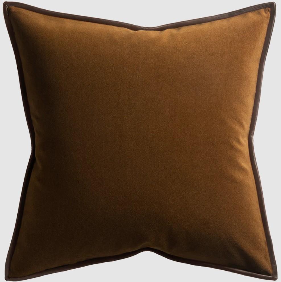   MERINO VELVET CUSHION WITH LEATHER TRIM - MAPLE 