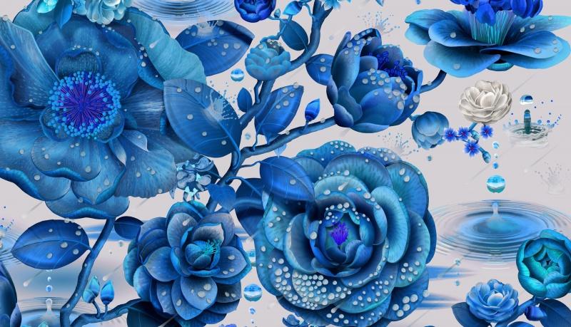 Метражные обои для стен  Kitmiles Wallcoverings Al.1 Phases-Des-Camelias-blue 